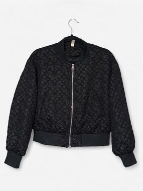 Black Quilted Floral Bomber Jacket - Women